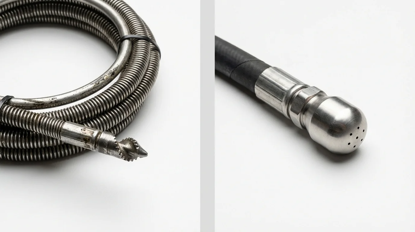 Drain snake cable and hydro jetting nozzle used for drain cleaning in Liberty, IN
