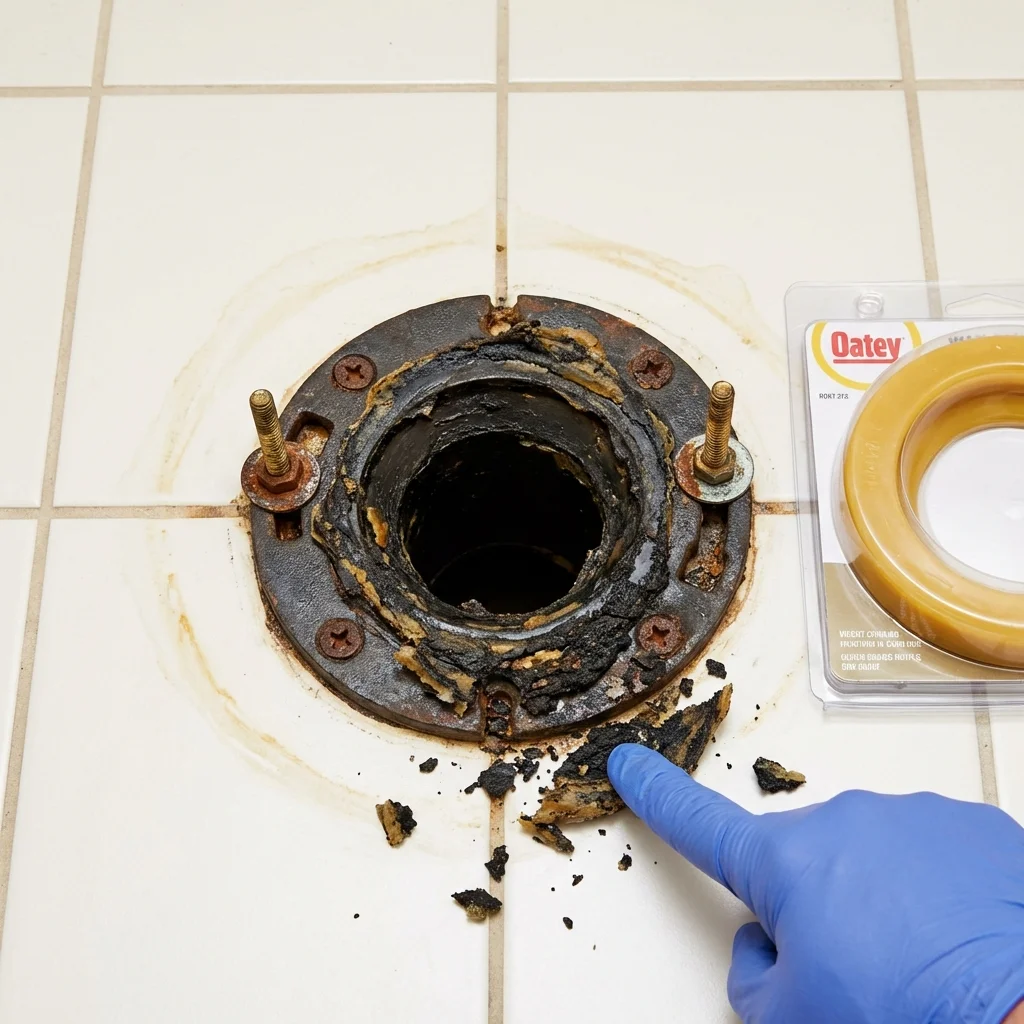 Failed wax ring showing water seepage at the base of a toilet in a Liberty, IN home