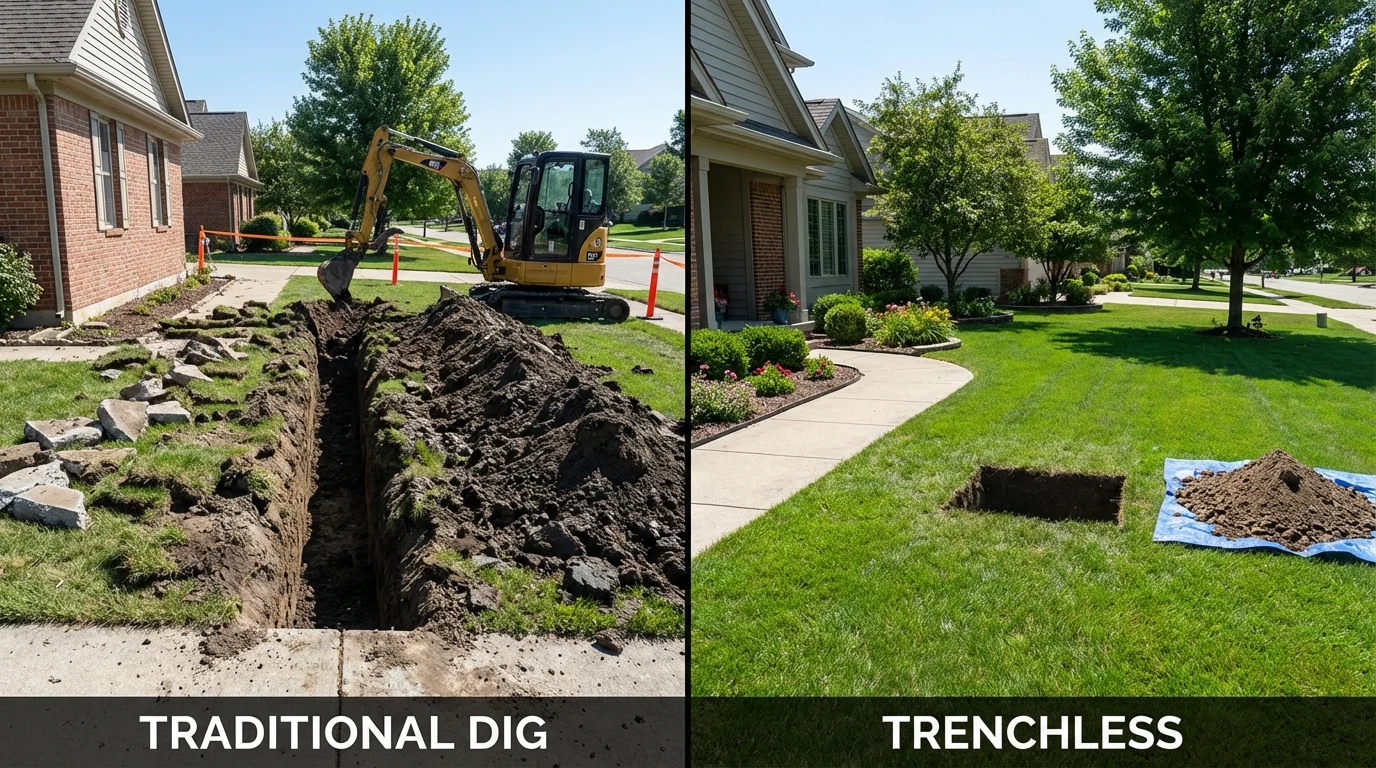 Trenchless sewer repair with minimal yard damage versus traditional excavation in Liberty, IN