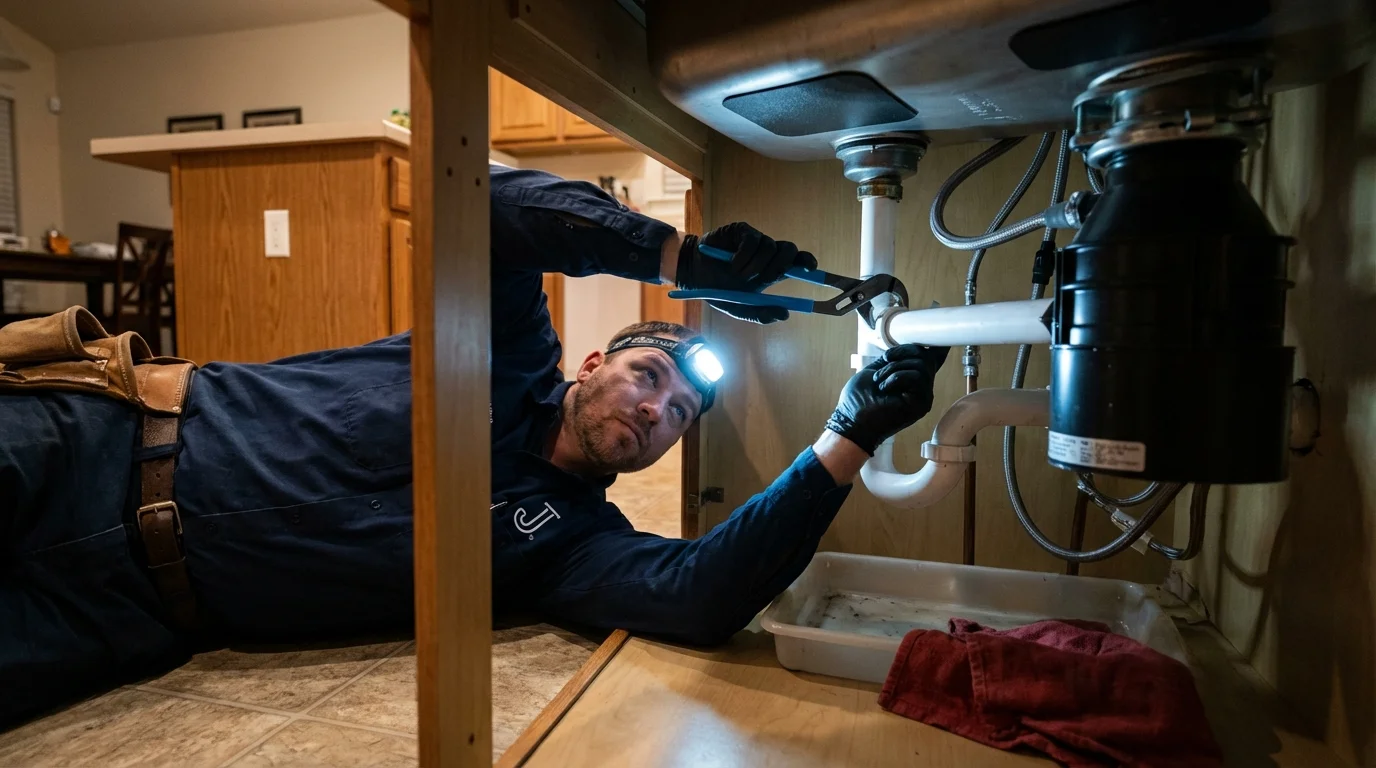 P-trap and supply line connections under a kitchen sink showing a common leak point in Liberty, IN